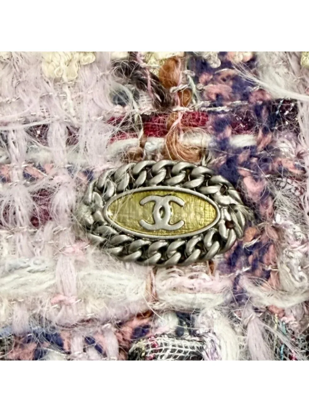 Chanel Coco Button Lame Thread Sequins Mohair Blend Tweed Skirt Purple 36